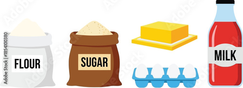 Flat style illustration set of 5 baking ingredients flour bag sugar sack butter block egg carton and milk bottle