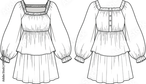 Vintage long sleeve dress fashion technical drawing front and back view with ruffles buttons layered skirt illustration