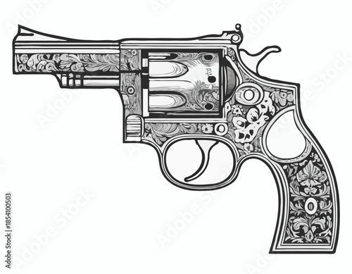Detailed woodcut illustration of a classic revolver in black and white