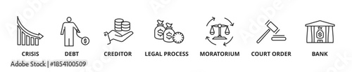 Bankruptcy web banner icon set outline multistyle vector illustrations concept with icon crisis, debt, creditor, legal proses, moratorium, court order and bank
