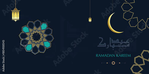 modern ramadan kareem on black background with gold lantern, moon and calligraphy ornament vector illustration