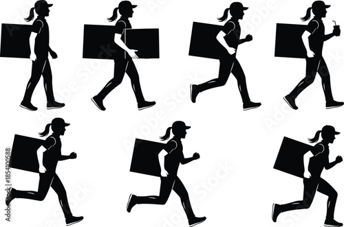 Delivery courier woman silhouette illustration showing walking and running motion sequence, package transport, logistics service, express shipping, and workforce activity