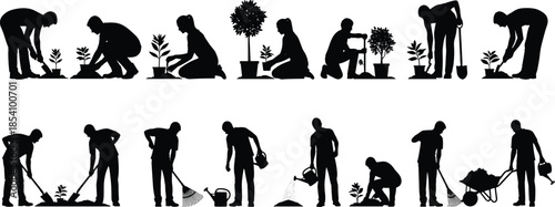 Gardening people silhouettes illustration showing planting, watering, digging, and yard work activities, outdoor landscaping tasks, eco lifestyle, and garden care concept