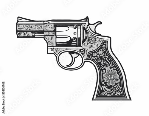 Detailed woodcut illustration of a classic revolver in black and white