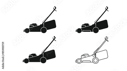 Four distinct black and white illustrations of lawn mowers in various styles