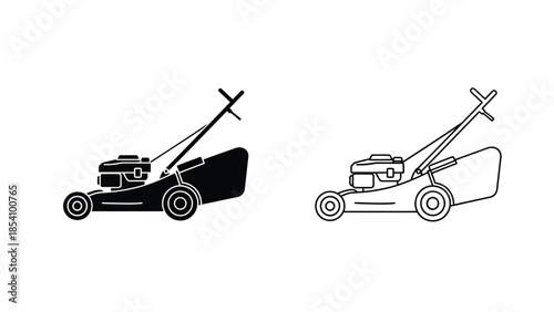Two lawnmower illustrations a solid black version and a line art depiction