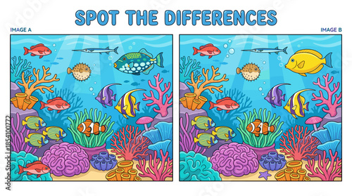 Educational activity worksheet for kids with colorful underwater scene  