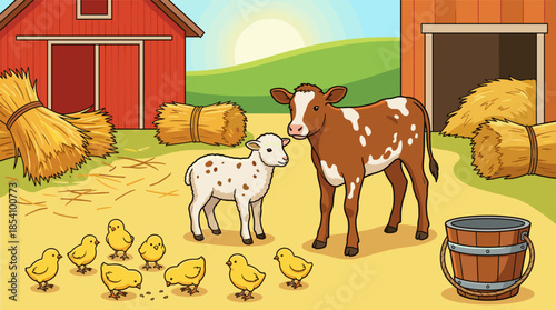 Farm scene with a cow, lamb, and chicks among hay bales