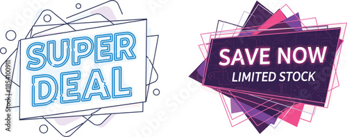 Geometric promotional graphics with bold text, super deal and save now, limited stock urgency, abstract sale design, retail offer