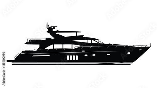 Sleek black silhouette of a modern luxury yacht on a white background