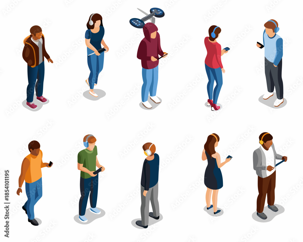 Fototapeta premium Isometric illustration of people using smartphones and listening to music