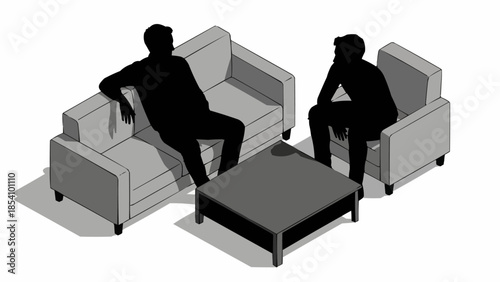 Silhouetted Men Sitting on Sofas Illustration.