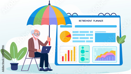 Planning for retirement senior man with umbrella and financial planner display