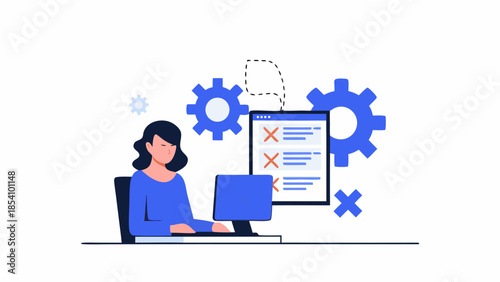 Woman coding at laptop with gears and code symbols around her