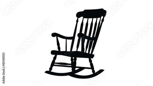 A simple black silhouette of a wooden rocking chair on a white background