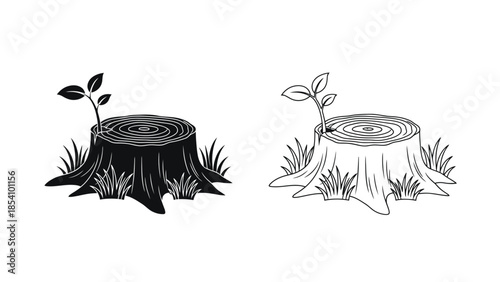 Two illustrations of tree stumps with new growth sprouting from them