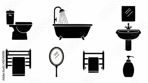 Bathroom Fixtures and Accessories Set Icons.