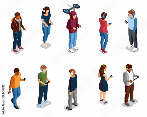 Isometric illustration of people using smartphones and listening to music