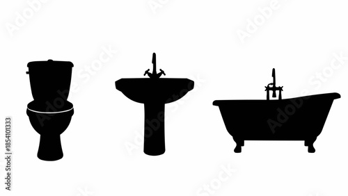 Black Silhouettes of Bathroom Fixtures Toilet Sink Bathtub.