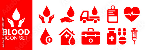 Comprehensive Blood Donation Icon Set. Featuring Red Blood Drop Graphics, Donation Van, Medical Kit, Syringe, Heartbeat Monitor, Blood Bag, and Hospital Symbols for Healthcare and Charity Design.