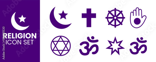 Comprehensive Religion Icon Set for Global Spirituality. Featuring Symbols for Islam, Christianity, Buddhism, Jainism, Judaism, Hinduism, and Sikhism for Interfaith and Educational Graphic Design.