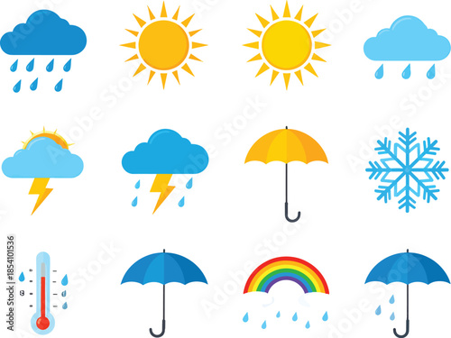 Illustrative Collection of Diverse Weather Conditions and Meteorological Symbols Icons