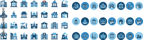 Collection of various blue monochromatic building icons featuring different types of architecture for use in urban planning or city related digital interface design projects.