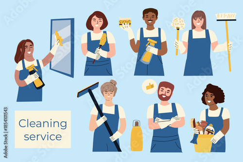 Cartoon cleaners set. Vector illustration on blue background. Home cleaning workers. Cartoon characters with cleaning tools. Diverse ethnicity in company.