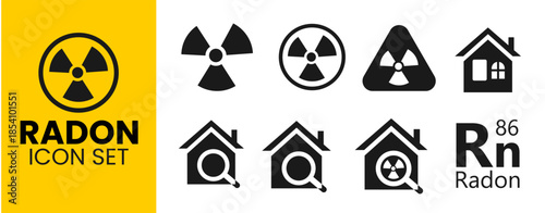Comprehensive Radon Icon Set for Home Safety. Featuring Radiation Symbols, House Testing Graphics with Magnifying Glass, Radioactive Warning Signs, and the Rn 86 Chemical Element Designation.