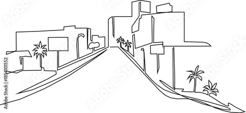 Modern urban scene continuous one line vector drawing, City architecture panoramic landscape.