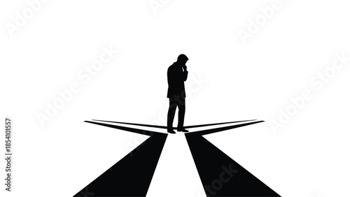 A solitary figure standing at a crossroads contemplating the path ahead