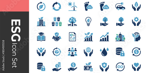 Sustainable ESG icon set showing renewable energy recycling carbon footprint finance governance social responsibility eco business growth strategy