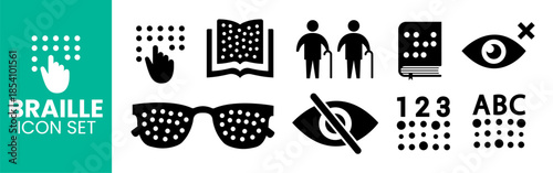 Comprehensive Braille Icon Set for Visual Impairment. Featuring Fingertip Reading, Tactile Books, Blindness Symbols, Accessibility Glasses, Braille Alphabet and Number Codes, and Disability Signage.