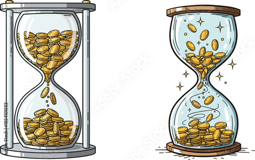 Hourglasses filled with coins, financial time concept, wealth accumulation, money flow, investment timing, economic value, currency countdown, profit passage