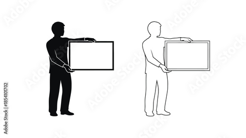 Two figures holding rectangular frames one solid and one outlined