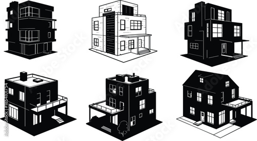 House icons, architectural silhouette set, black outline homes, balcony symbol, staircase branding, porch concept, roof badge, perspective design