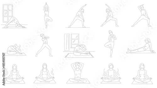 line drawing of multiple woman doing various yoga poses and meditating on yoga mats