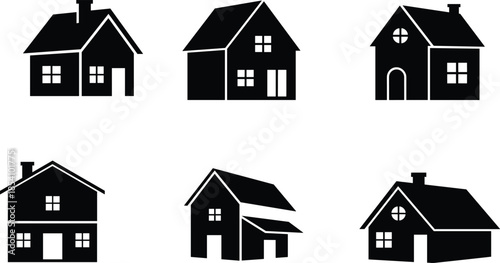 House icons, residential silhouette set, black outline homes, chimney symbol, circular window branding, roof concept, multi-level badge, style mix