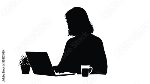 Silhouette of a woman working on a laptop with a cup and plant