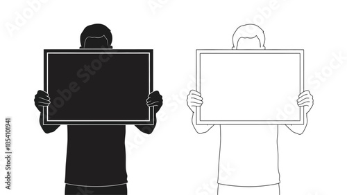Two figures holding rectangular frames one black and one white in contrast