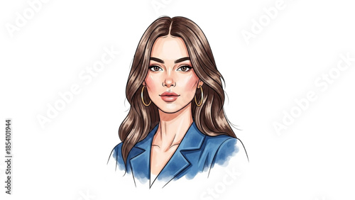 Illustration of a woman with long brown hair wearing a blue business attire
