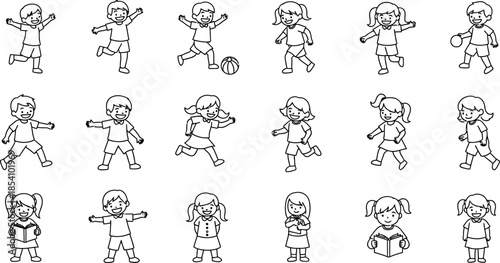 set of cartoon children in various poses and activities on white background