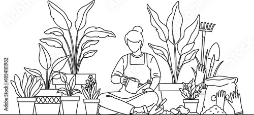 A woman sitting among potted plants and gardening tools on the floor with a watering can