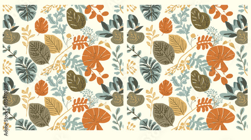 Vector template featuring organic motifs in a flat design style, with intricate patterns and shapes, incorporating earthy tones such as olive green, terracotta
