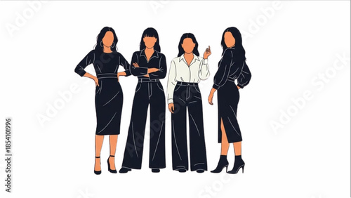 Four confident women standing together in fashionable attire