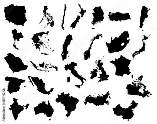Black silhouettes of world maps on white background