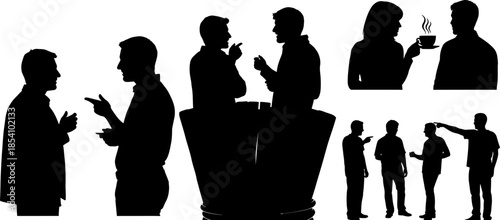 set of people silhouettes in various conversation and business meeting poses