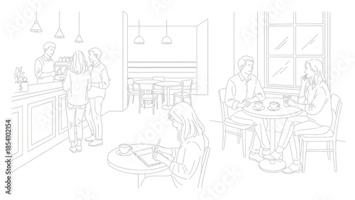 people sitting and standing in a coffee shop interior with tables and chairs