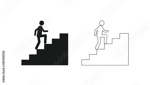 Pictorial representation of a person ascending stairs shown in two distinct styles