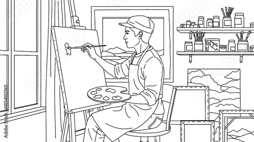 man sitting in front of canvas painting on easel in studio with brushes and paints